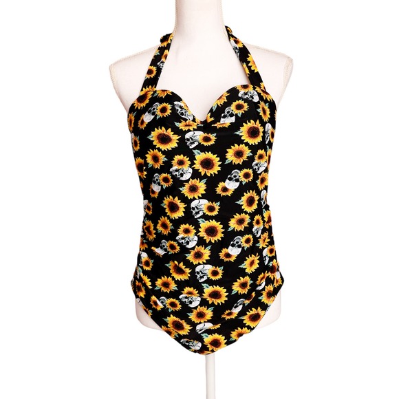 Hot Topic‎ NWT Sunflowers and Skulls one piece halter top swimsuit large - Picture 1 of 8